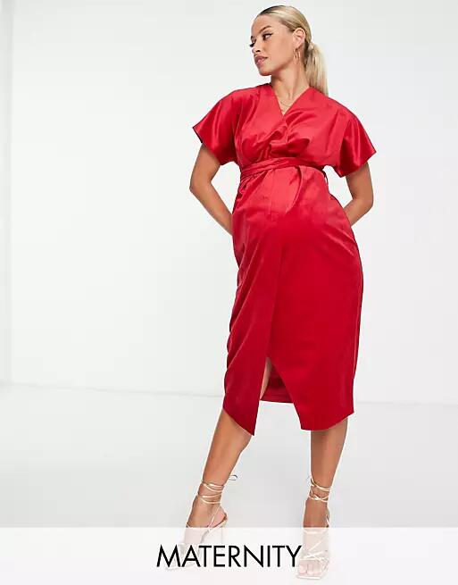 Closet London Maternity kimono sleeve velvet midi dress with wrap tie in red Cover