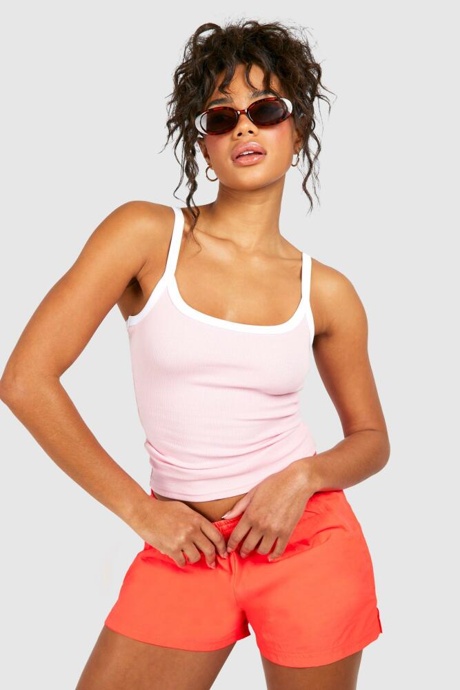 boohoo Womens Premium Contrast Rib Strappy Tank Top - Pink Cover