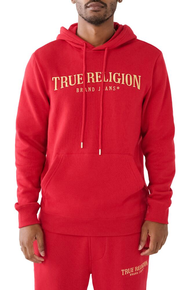 True Religion Brand Jeans Shine Arch Embroidered Pullover Hoodie in Jester Red Cover