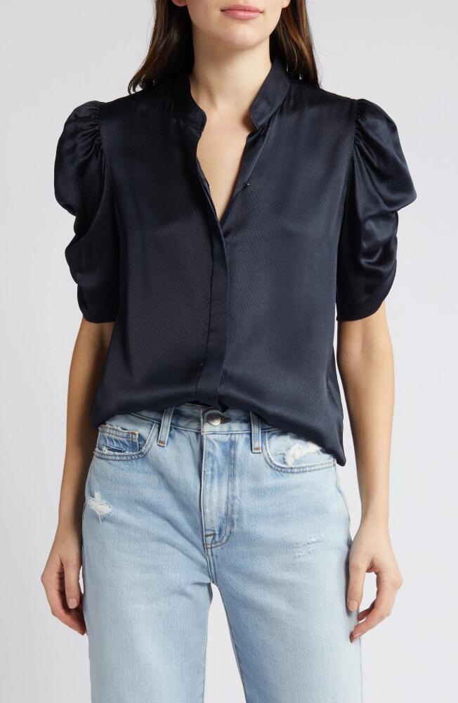 FRAME Puff Sleeve Silk Button-Up Shirt in Navy Cover