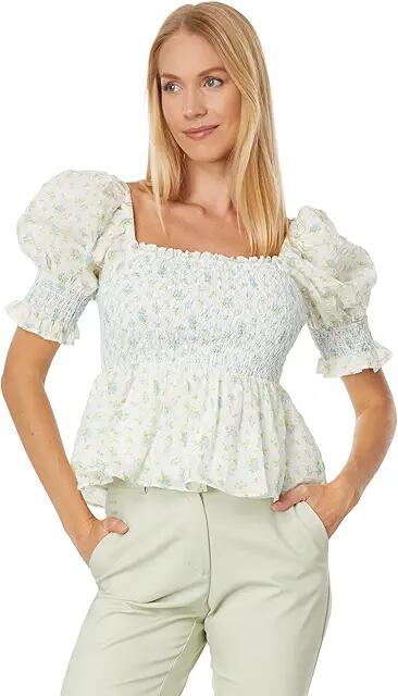 English Factory Smocked Floral Puff Sleeve Top (Blue Multi) Women's Clothing Cover