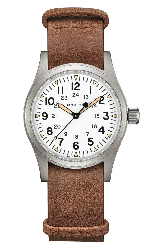 Hamilton Khaki Field Leather Strap Watch, 38mm in Brown/White/Silver Cover