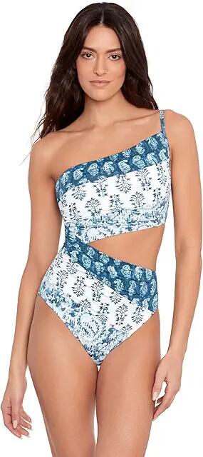 Lauren Ralph Lauren Indigo Print Mix One Shoulder One Piece (Multicolor) Women's Swimsuits One Piece Cover