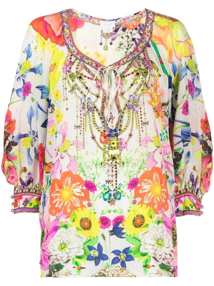 Camilla floral-print silk blouse - White Cover