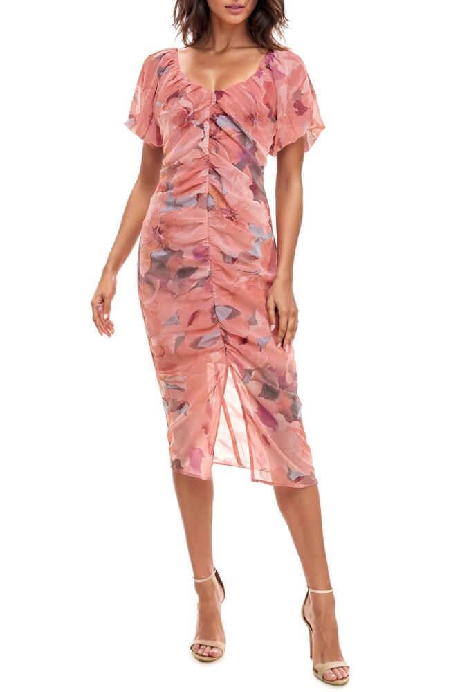 Socialite Ruched Puff Sleeve Midi Dress in Pink Soft Floral Cover