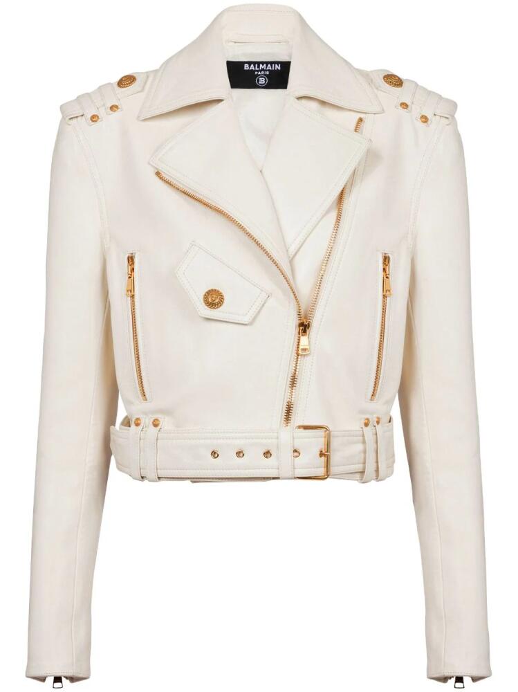 Balmain cropped leather biker jacket - Neutrals Cover