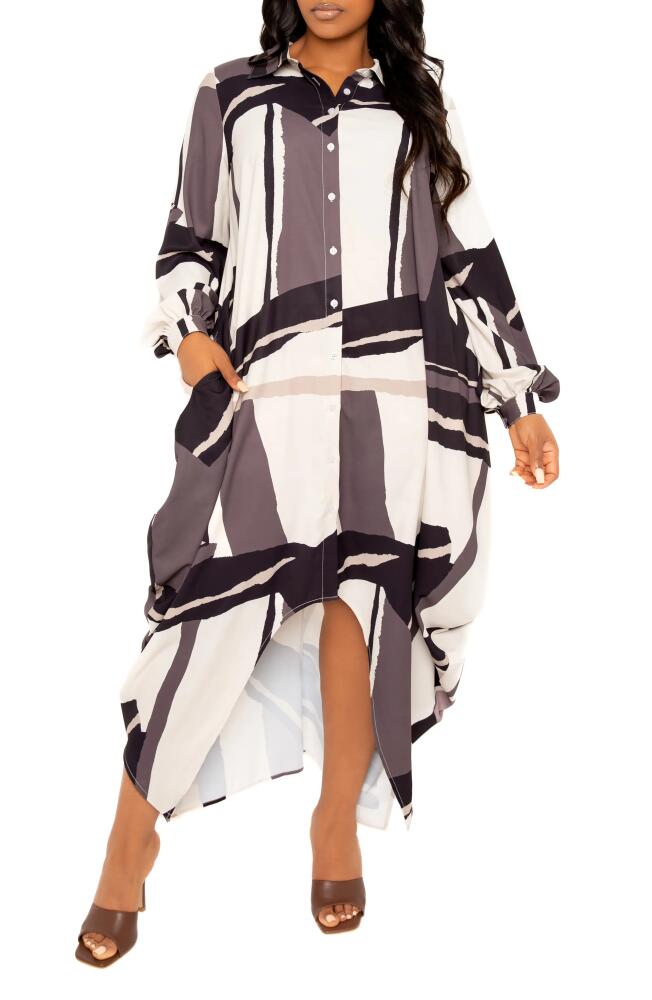 BUXOM COUTURE Drape Maxi Shirtdress in Beige Multi Cover