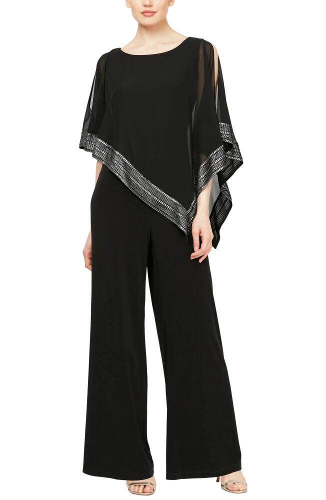 SL FASHIONS Foil Trim Asymmetric Popover Capelet Jumpsuit in Black Cover