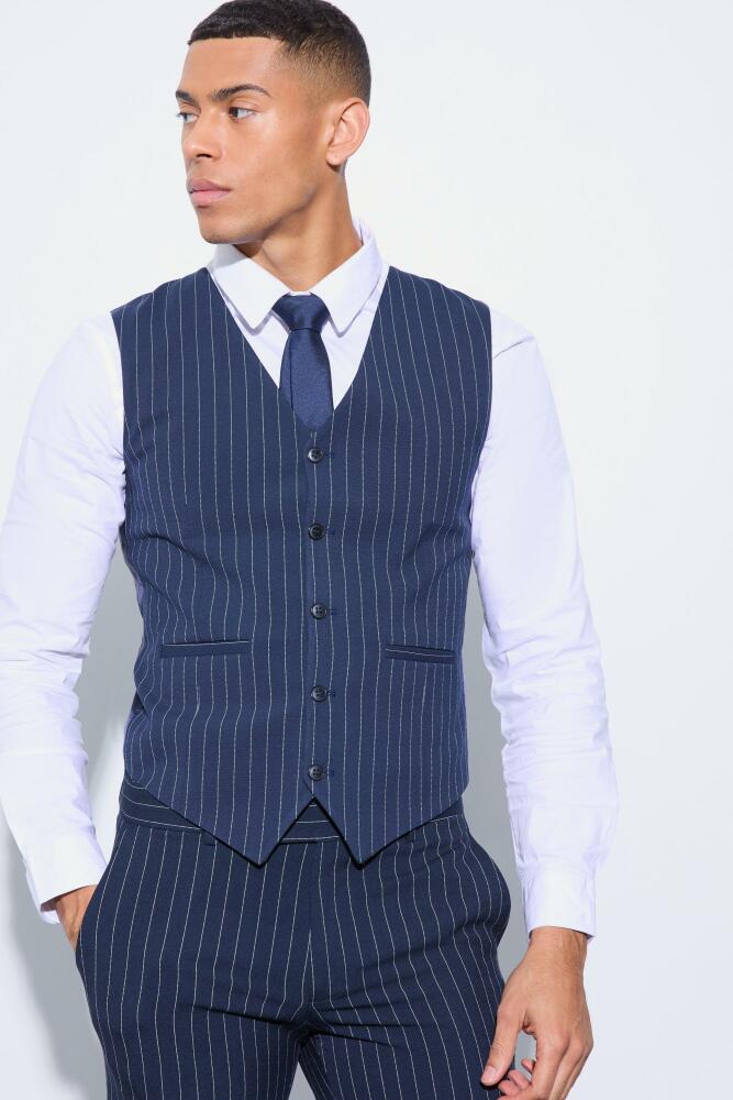 boohoo Mens Skinny Fit Pinstripe Tank - Navy Cover