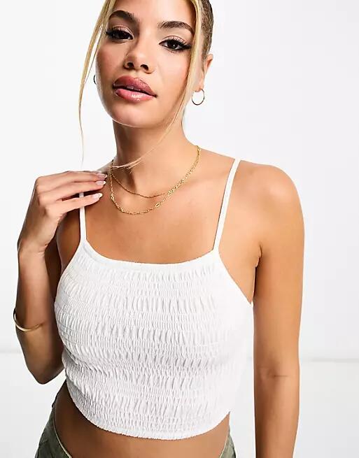 Pull & Bear shirred strappy crop top in white Cover