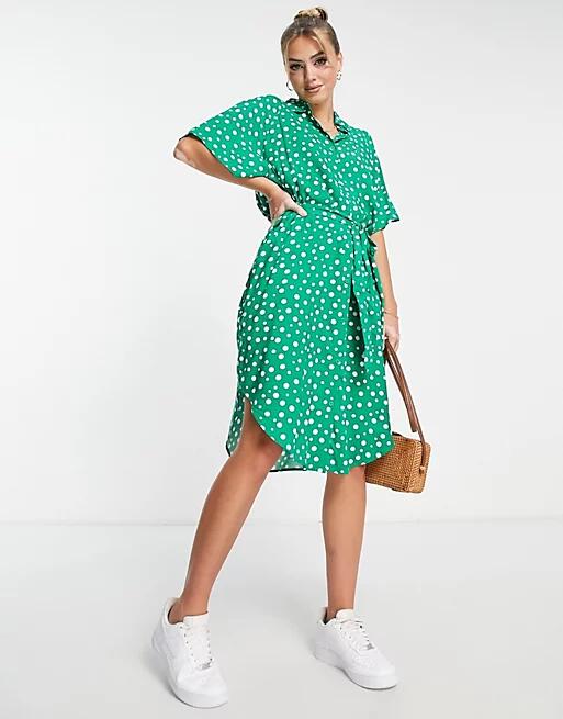 Monki short sleeve shirt dress in green spot print Cover