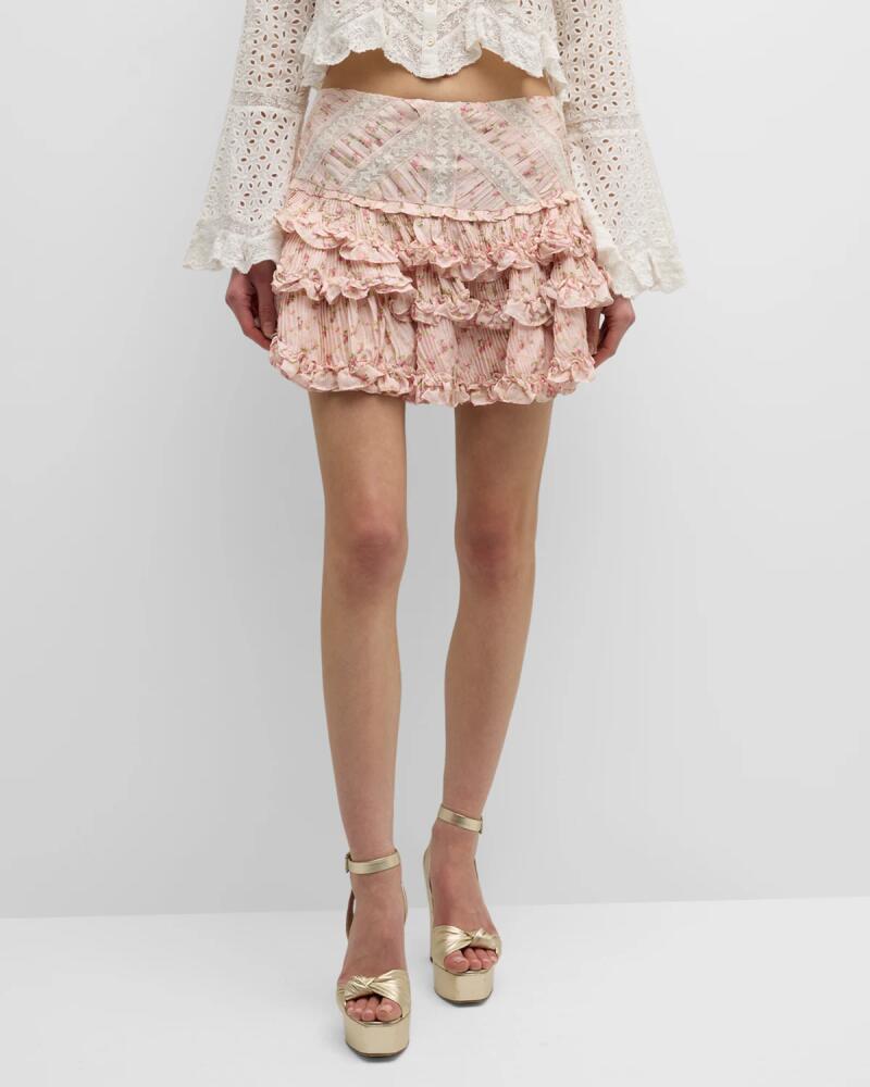 LoveShackFancy Robeina Floral Tiered Ruffle Mini Skirt Cover