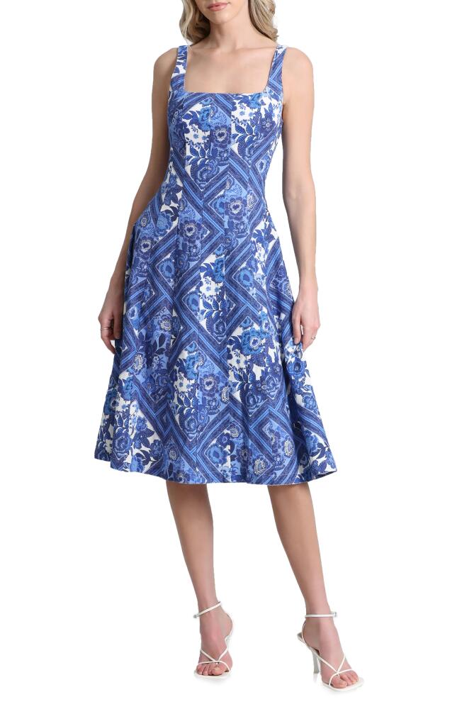 Avec Les Filles Floral Linen Blend Fit & Flare Midi Dress in Blue Lolita Patchwork Cover