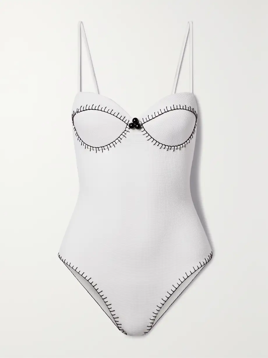 Marysia - Salento Embellished Embroidered Seersucker Underwired Swimsuit - White Cover