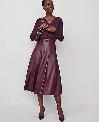 Ann Taylor Petite Faux Leather Pleated Midi Skirt Cover