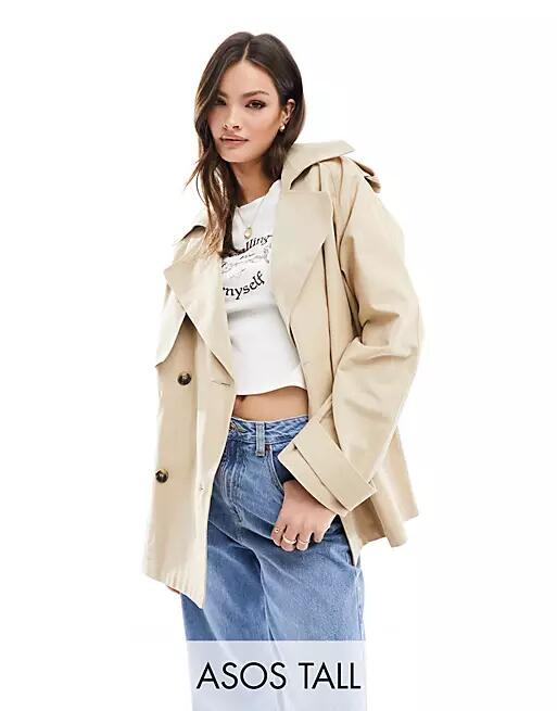 ASOS DESIGN Tall short oversized trench coat in stone-Neutral Cover