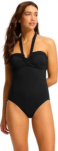 Seafolly Halter Plunge One-Piece Swimsuit (Eco Collective Black) Women's Swimsuits One Piece Cover