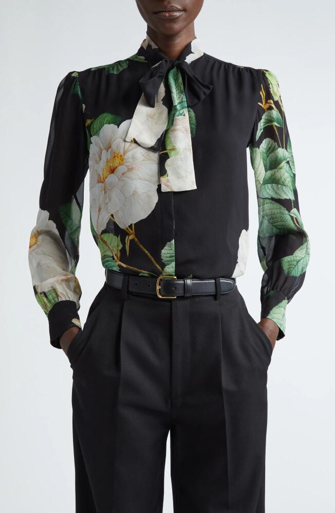 Giambattista Valli Giant Bloom Print Tie Neck Cashmere & Silk Button-Up Shirt in Black/Green Cover