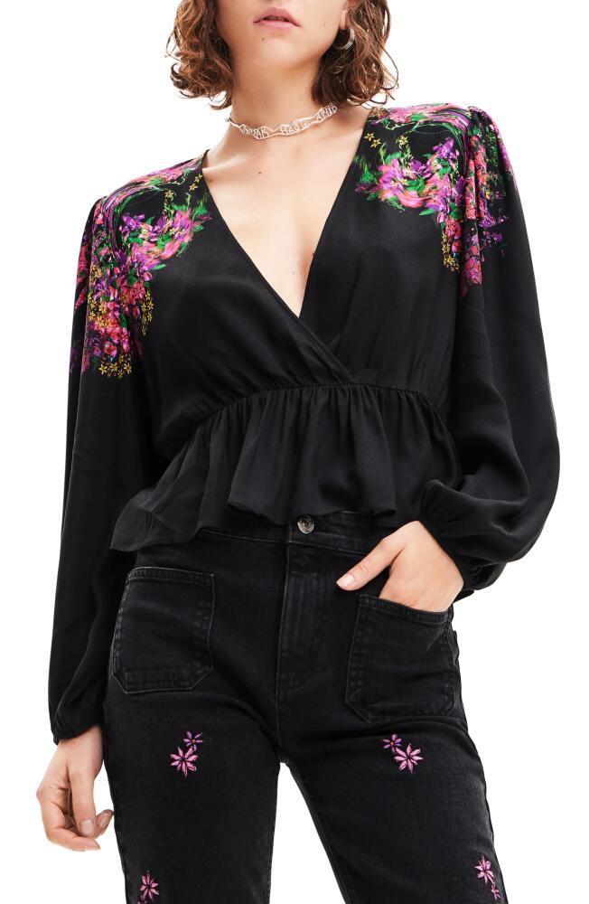 Desigual Blus Lorna Floral Print Peplum Top in Black Cover