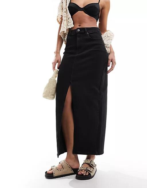 ASOS DESIGN denim maxi skirt with split hem in washed black Cover