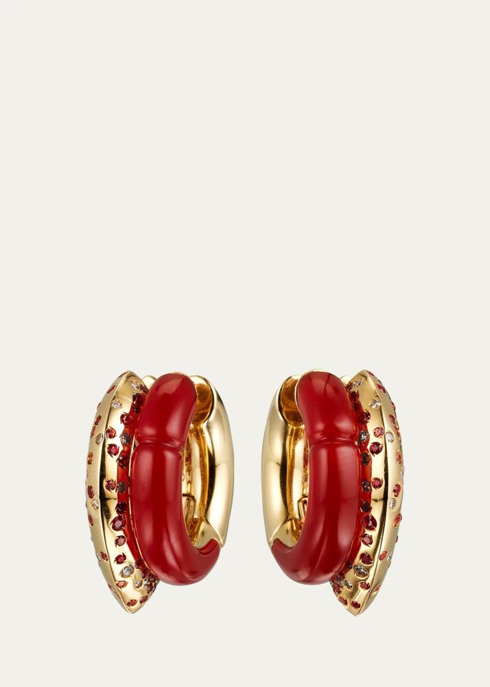 TABAYER Oera Fairmined 18K Yellow Gold Carnelian, Sapphire and Brown Diamond Double Hoop Earrings Cover