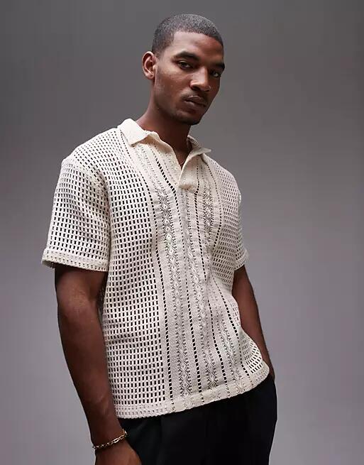 Topman short sleeve relaxed crochet polo shirt in cream-Neutral Cover