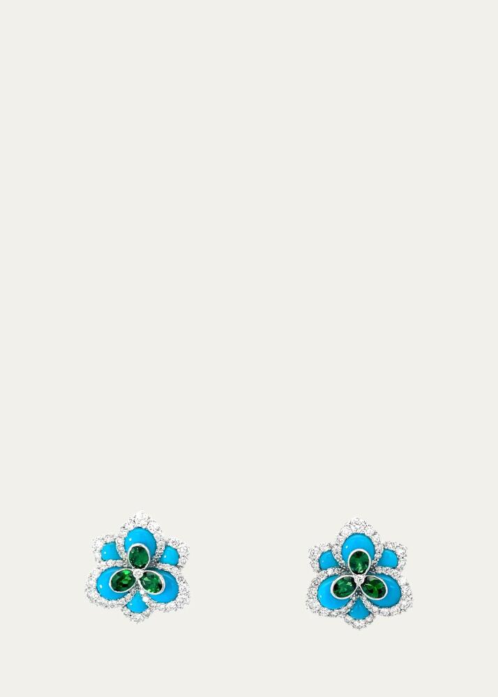 Stefere 18k White Gold Diamond, Tsavorite, and Turquoise Flower Earrings Cover