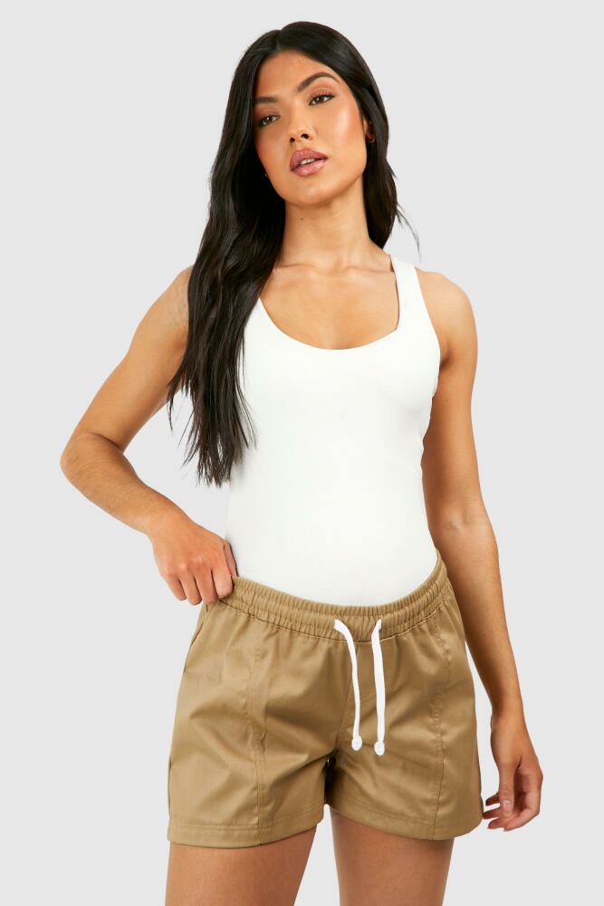 boohoo Womens Maternity Twill Cargo Shorts - Beige Cover