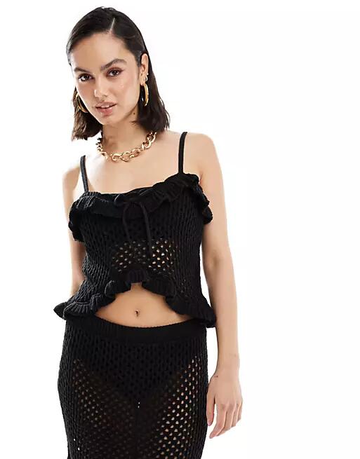 ASOS DESIGN knit crochet cami top with frill and tie detail in black Cover