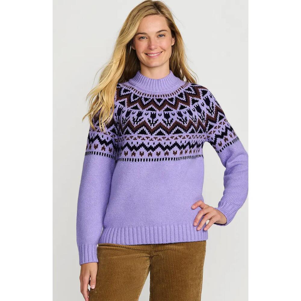 Lands' End Cozy Lofty Fair Isle Yoke Mock Neck Sweater in Lavender Cloud Tulips Cover