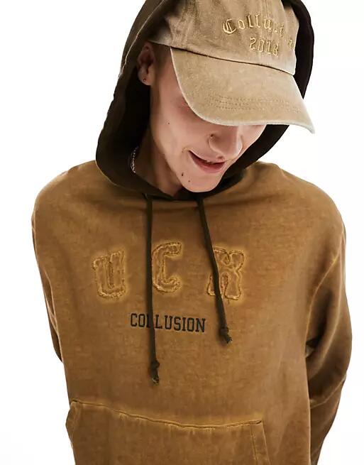 COLLUSION Oversized varsity embroidered hoodie in tan wash-Neutral Cover