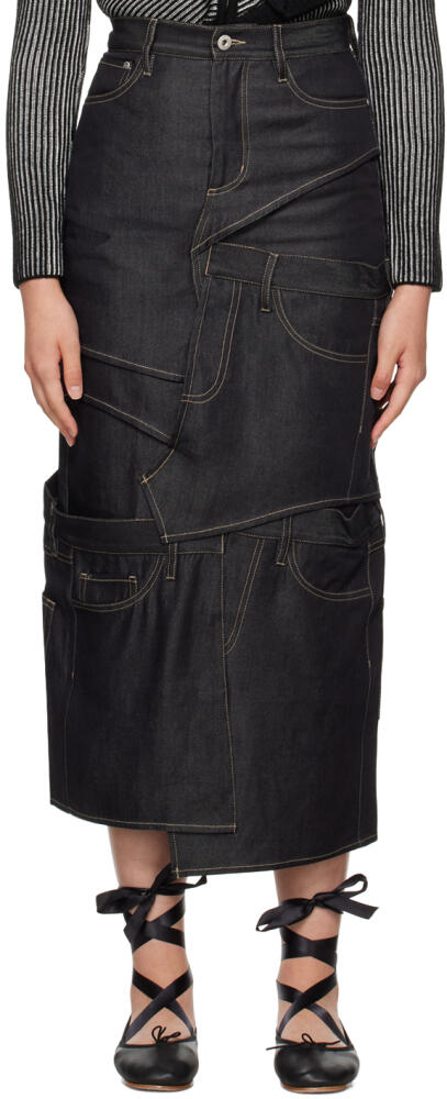 Feng Chen Wang Navy Paneled Denim Midi Skirt Cover