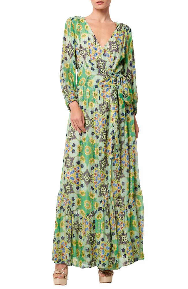 CIEBON Shani Metallic Floral Print Long Sleeve Wrap Dress in Green Multi Cover