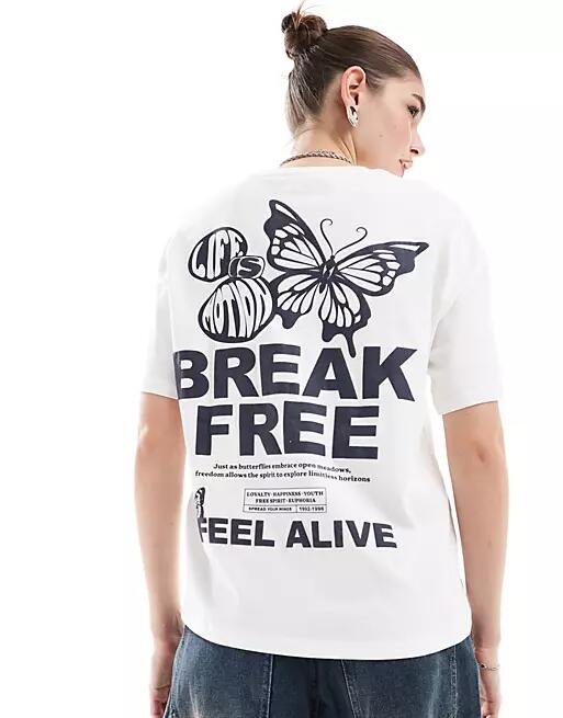 Bershka butterfly print oversized t-shirt in ecru-Neutral Cover