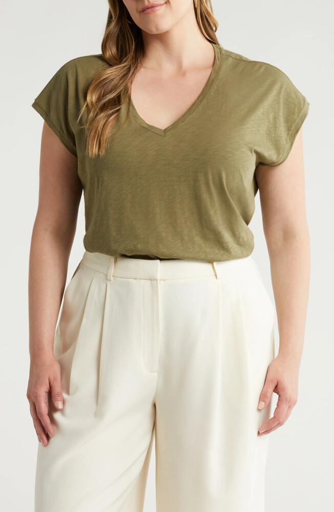 Nordstrom V-Neck Pima Cotton Slub T-Shirt in Olive Burnt Cover