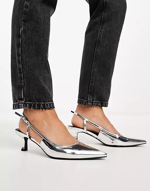 ASOS DESIGN Strut slingback kitten heeled shoes in silver Cover