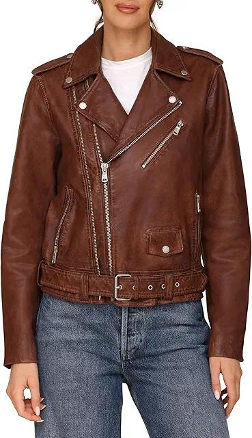 Avec Les Filles Genuine Leather Relaxed Biker Jacket (Coffee) Women's Jacket Cover