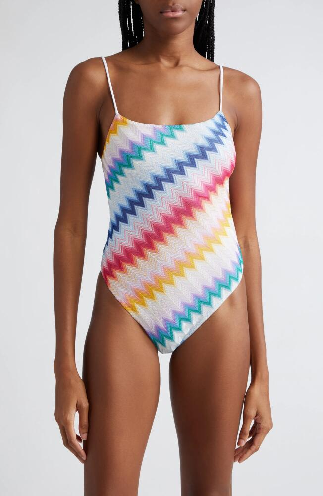 Missoni Metallic Chevron Stripe Knit One-Piece Swimsuit in Multicolor White Base Cover