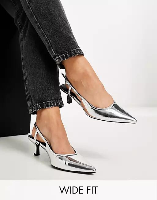 ASOS DESIGN Wide Fit Strut slingback kitten heeled shoes in silver Cover