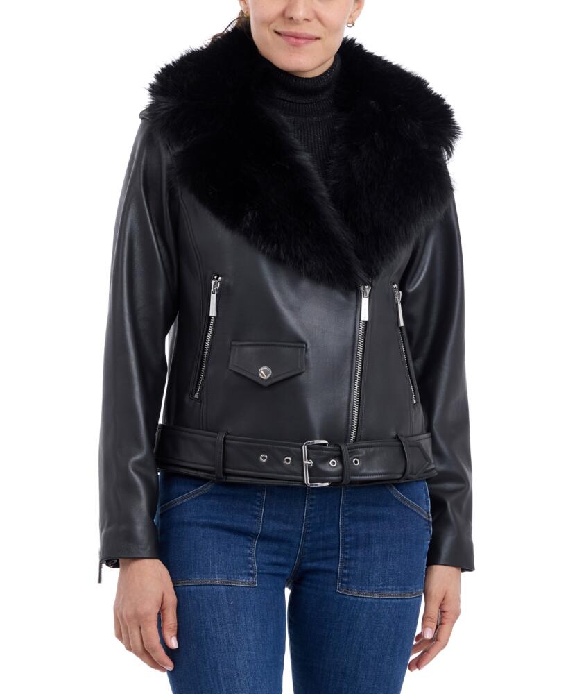 Michael Michael Kors Women's Faux-Fur-Trim Leather Moto Coat - Black Cover