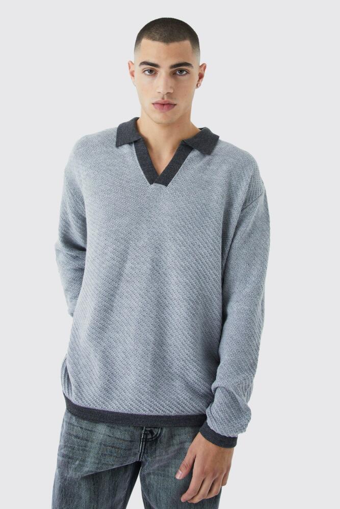 boohoo Mens Long Sleeved Oversized Contrast Collar Knitted Polo - Grey Cover