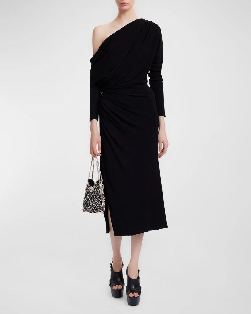 Elie Saab One-Shoulder Long-Sleeve Draped Jersey Midi Dress Cover