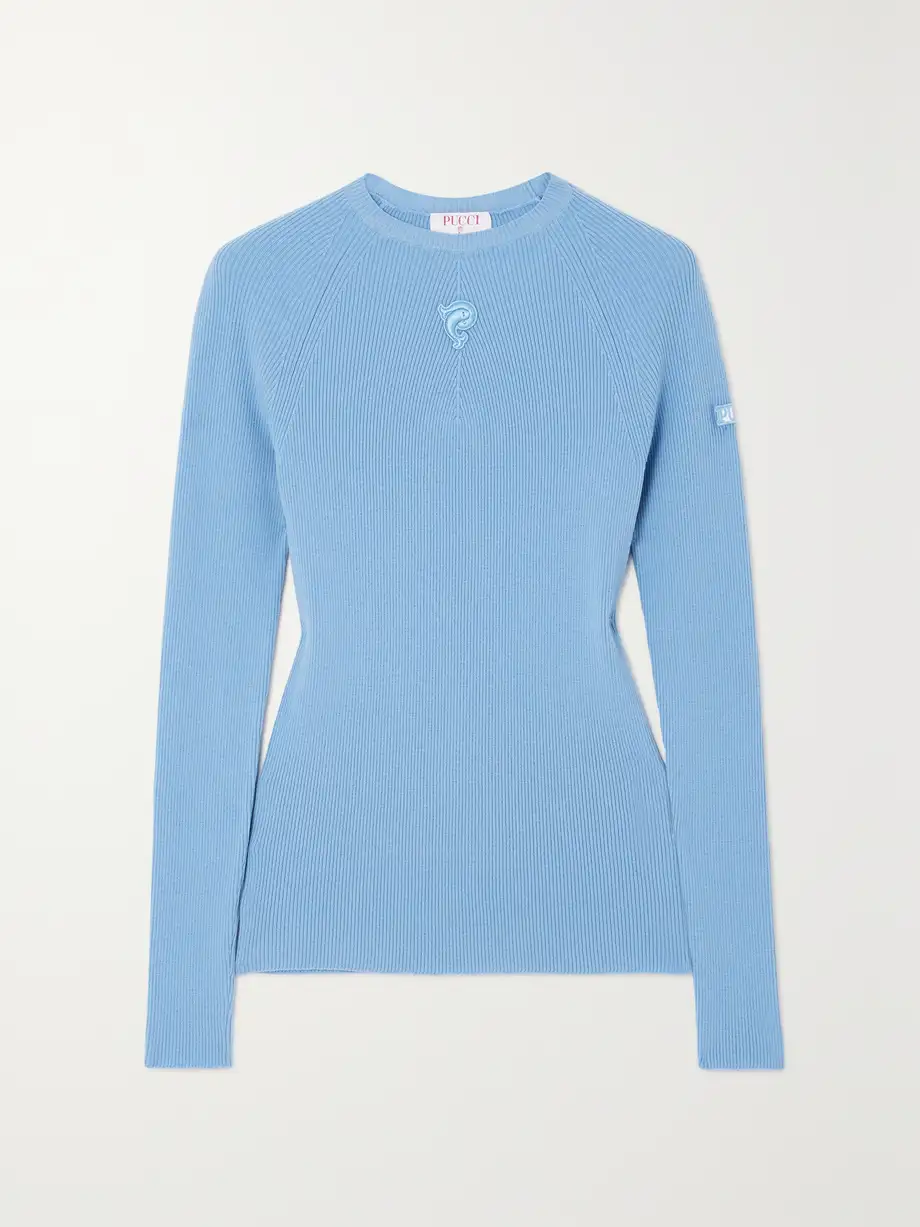 PUCCI - Appliquéd Ribbed Wool-blend Sweater - Blue Cover