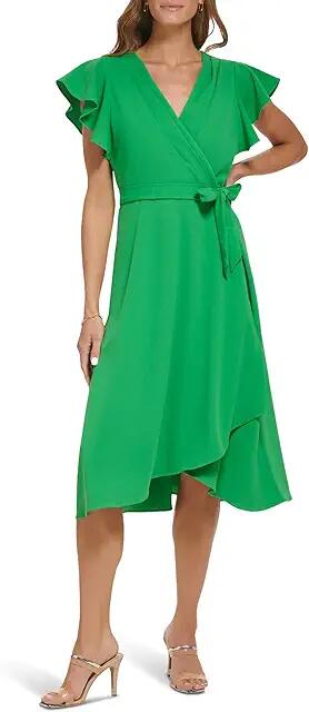 DKNY Flutter Sleeve Faux Wrap Scuba Crepe Dress (Apple Green) Women's Clothing Cover