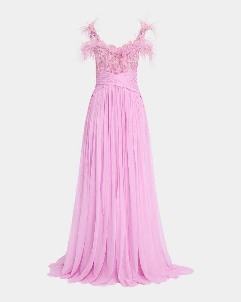 Pamella Roland Feather Embroidered Off-The-Shoulder Chiffon Gown Cover