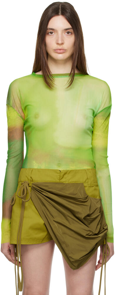 Paula Canovas Del Vas Green Semi-Sheer Long Sleeve T-Shirt Cover