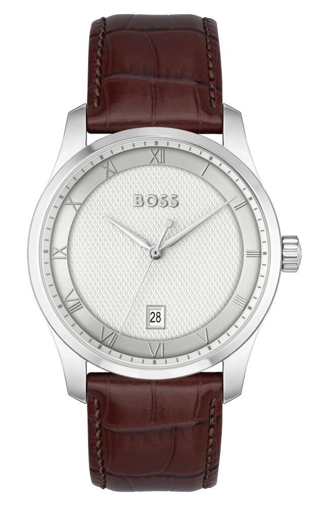 BOSS Principle Leather Strap Watch, 45mm in Silver Cover