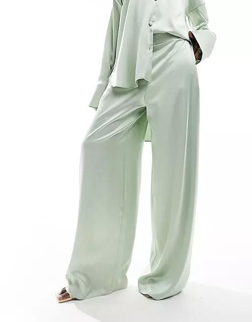 ASOS DESIGN satin pajama wide leg pants in sage green - part of a set Cover