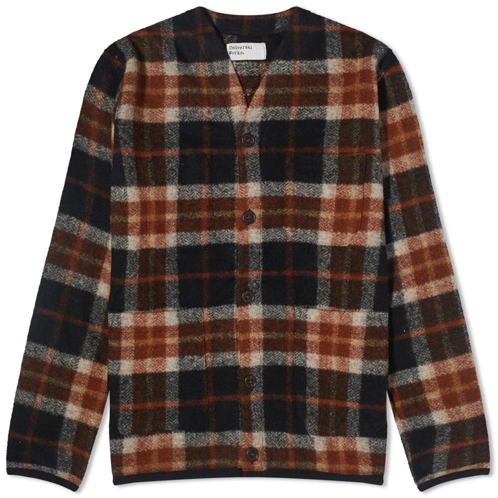 Universal Works Men's Check Wool Fleece Cardigan in Brown Cover