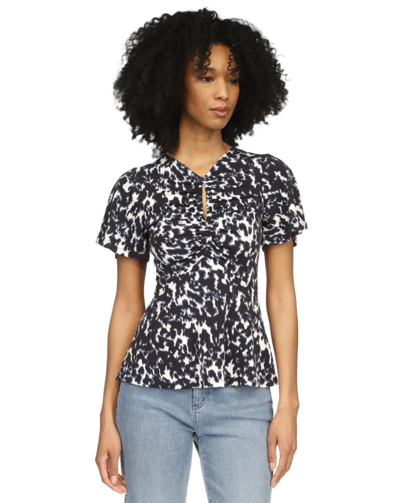 Michael Michael Kors Women's Printed Flutter-Sleeve Keyhole Top - Admiral Cover